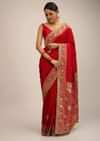 Red Saree In Silk With Brocade Geometric And Floral Design On The Pallu And Gotta Embroidery