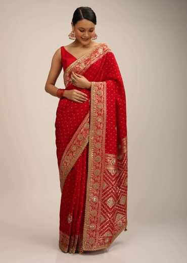Red Saree In Silk With Brocade Geometric And Floral Design On The Pallu And Gotta Embroidery