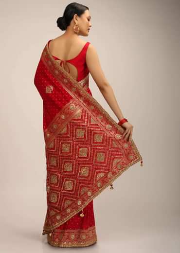 Red Saree In Silk With Brocade Geometric And Floral Design On The Pallu And Gotta Embroidery