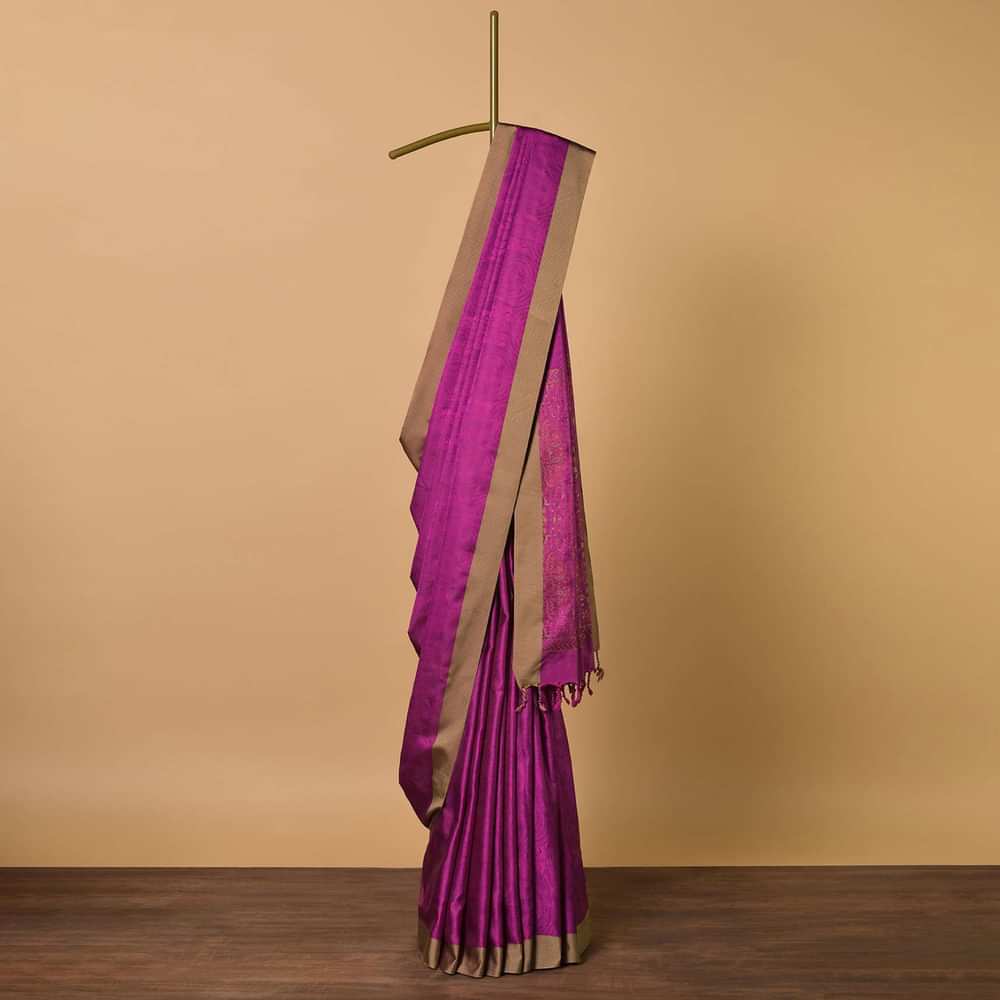Rani Pink Saree In South Resham Silk With Kashmiri Motifs And Unstitched Blouse Fabric