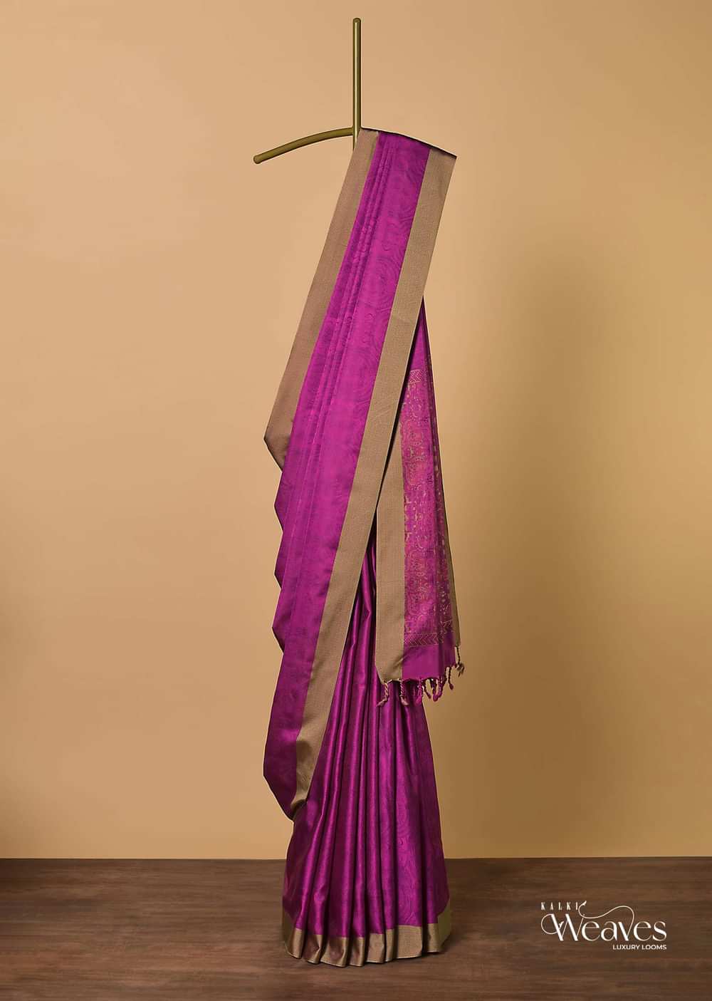 Rani Pink Saree In South Resham Silk With Kashmiri Motifs And Unstitched Blouse Fabric