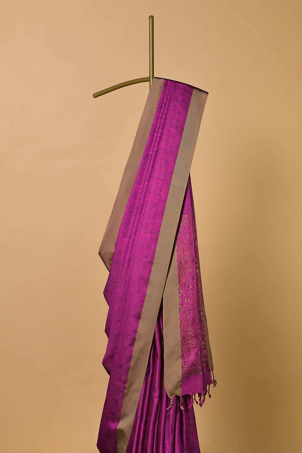 Rani Pink Saree In South Resham Silk With Kashmiri Motifs And Unstitched Blouse Fabric