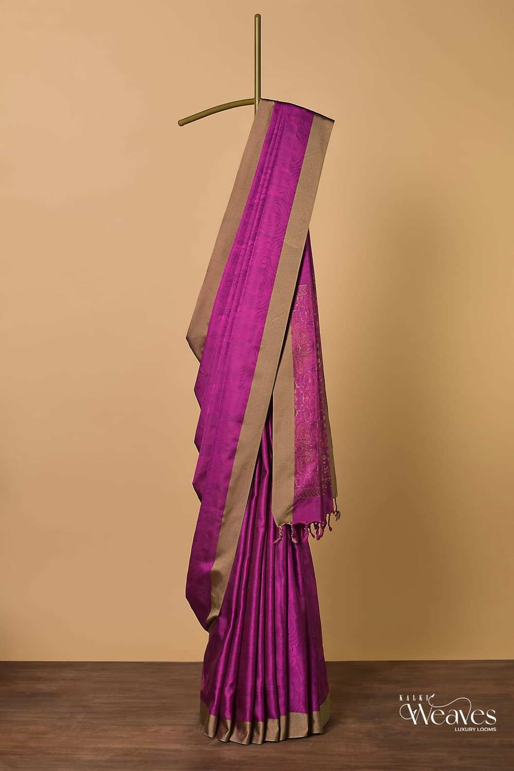 Rani Pink Saree In South Resham Silk With Kashmiri Motifs And Unstitched Blouse Fabric