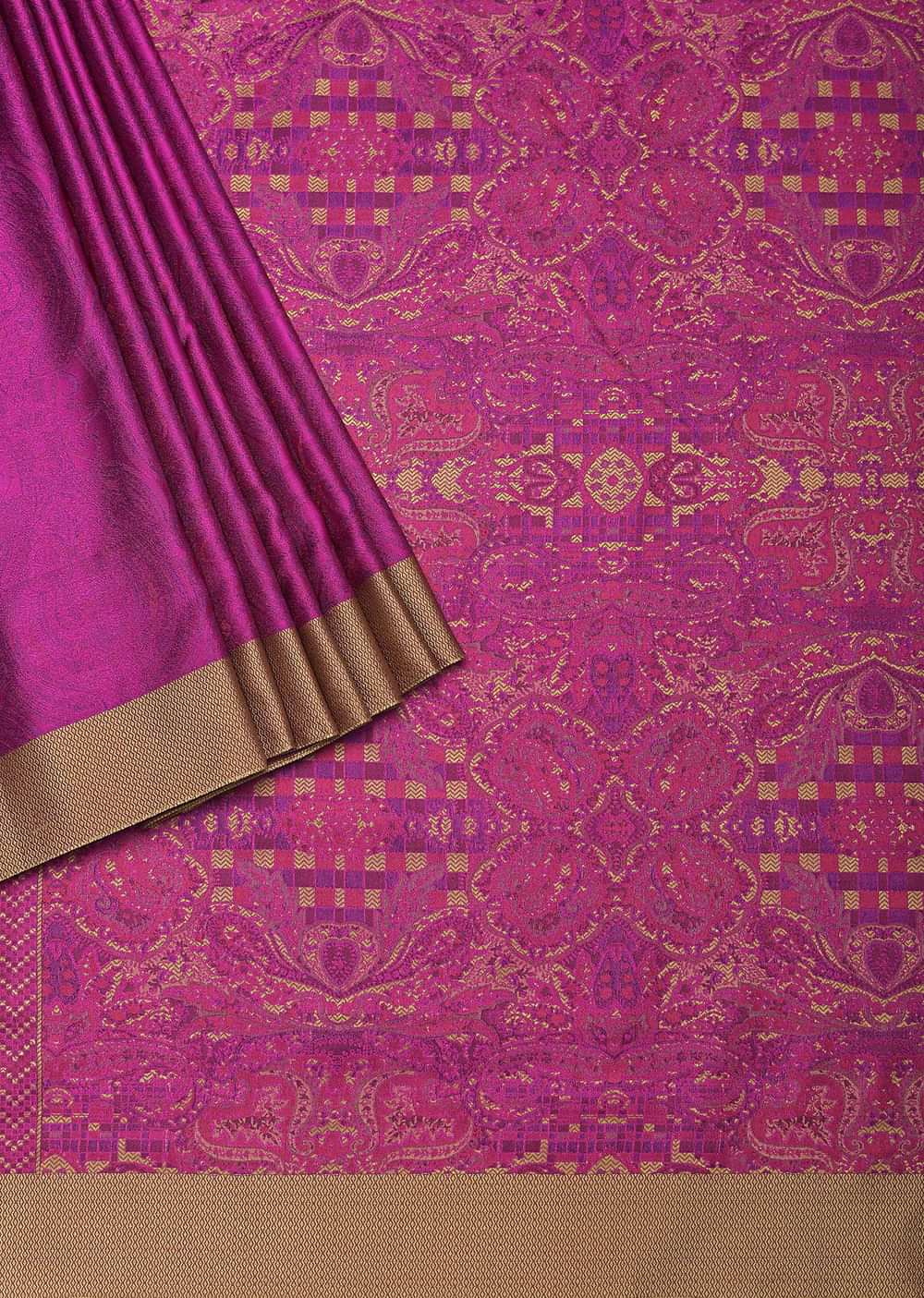 Rani Pink Saree In South Resham Silk With Kashmiri Motifs And Unstitched Blouse Fabric
