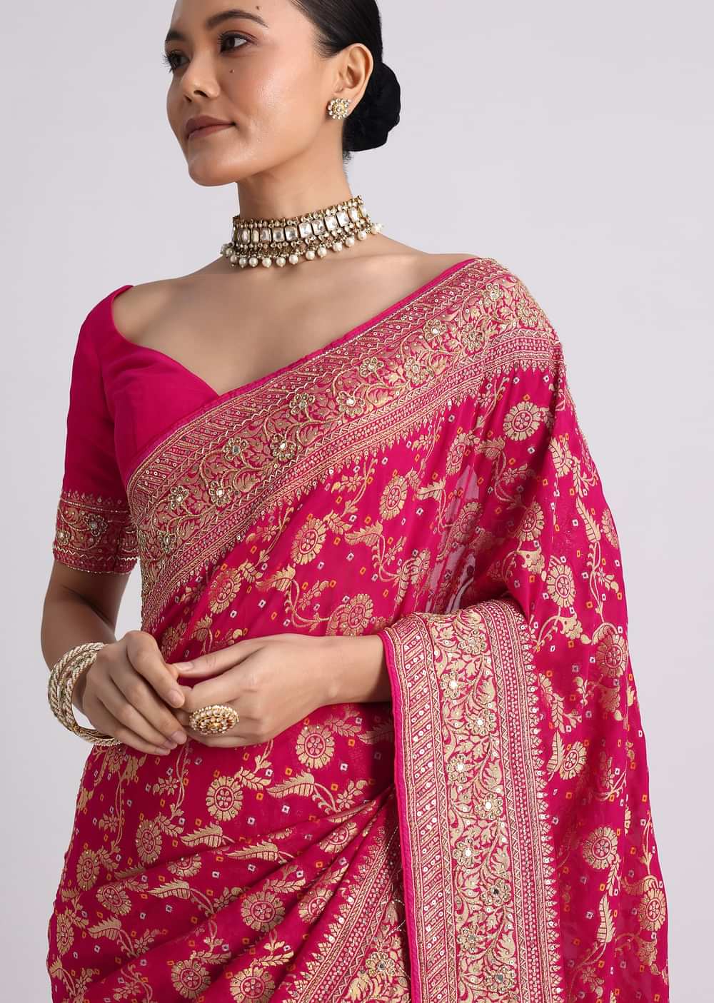 Rani Pink Saree With Bandhani Jaal And Cutdana Work