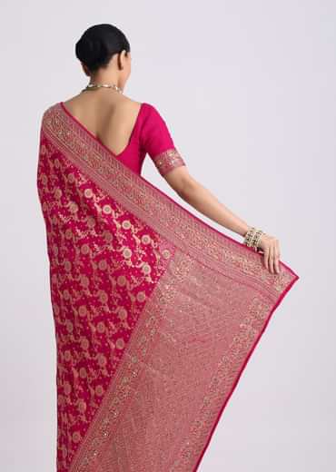 Rani Pink Saree With Bandhani Jaal And Cutdana Work