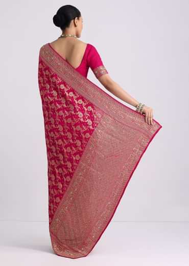 Rani Pink Saree With Bandhani Jaal And Cutdana Work