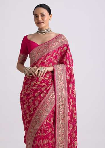 Rani Pink Saree With Bandhani Jaal And Cutdana Work