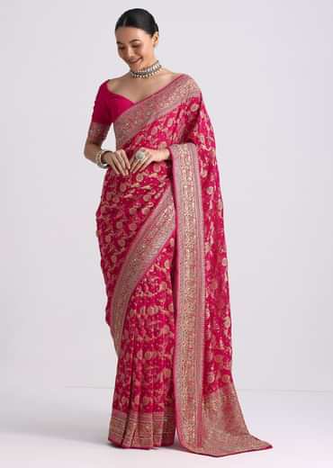 Rani Pink Saree With Bandhani Jaal And Cutdana Work