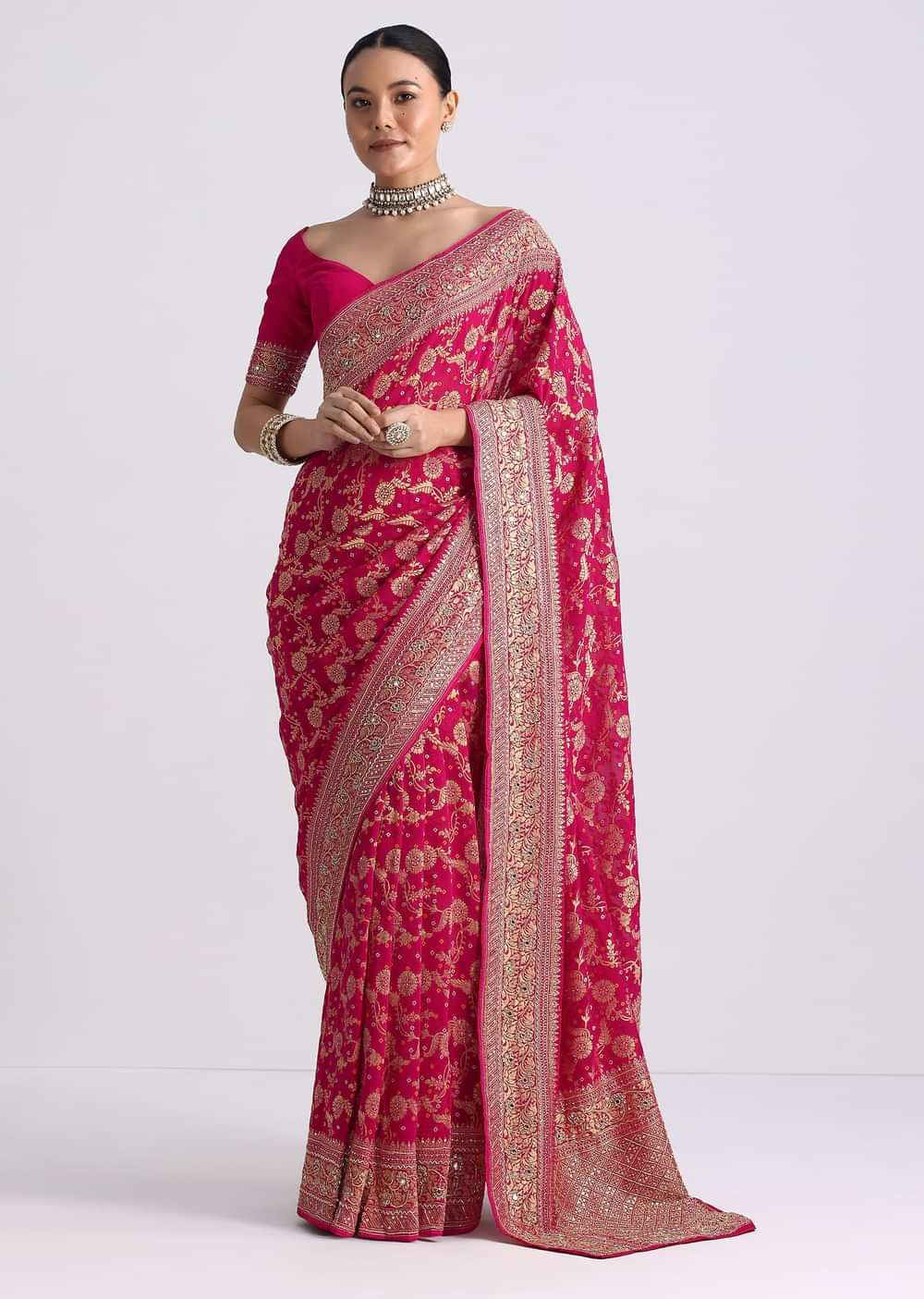 Rani Pink Saree With Bandhani Jaal And Cutdana Work