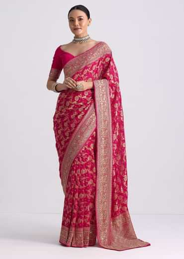 Rani Pink Saree With Bandhani Jaal And Cutdana Work