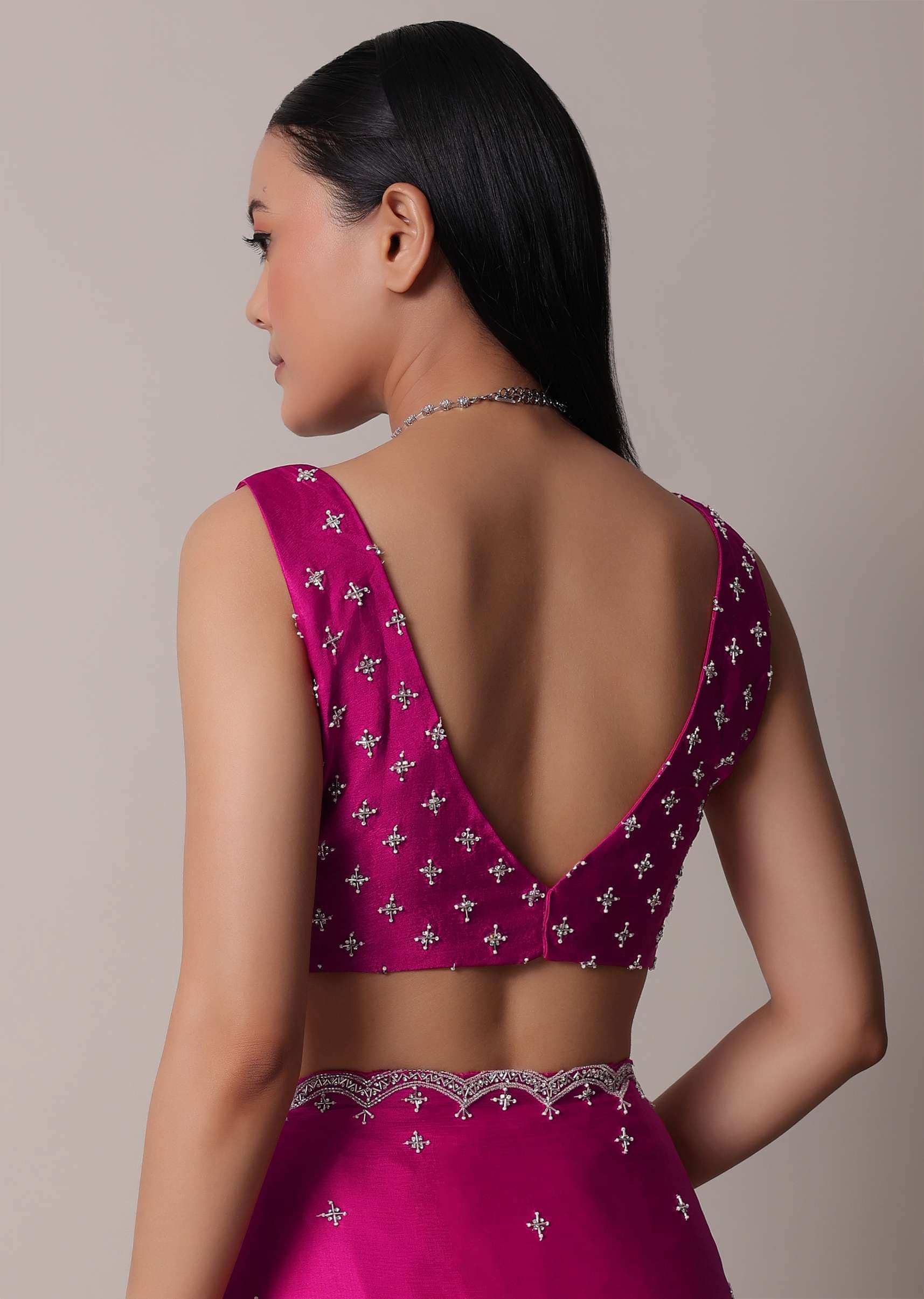 Buy Rani Pink Satin Chinon Saree With Scallop Border And