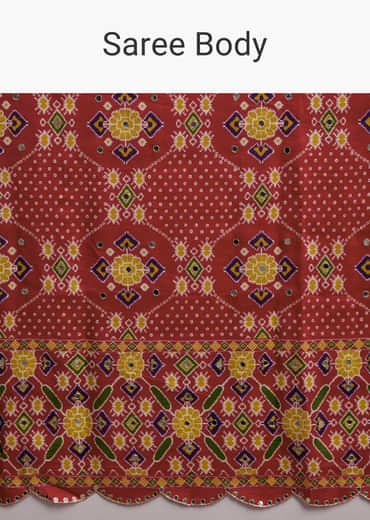 Rani Pink Satin Saree With Handwoven Ikat Print And Mirror Work Rani Pink Satin Saree With Handwoven Ikat Print And Mirror Work