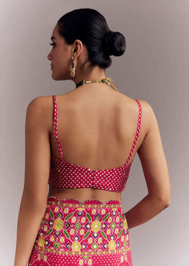 Rani Pink Satin Saree With Handwoven Ikat Print And Mirror Work Rani Pink Satin Saree With Handwoven Ikat Print And Mirror Work