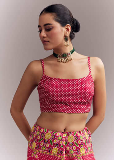 Rani Pink Satin Saree With Handwoven Ikat Print And Mirror Work Rani Pink Satin Saree With Handwoven Ikat Print And Mirror Work