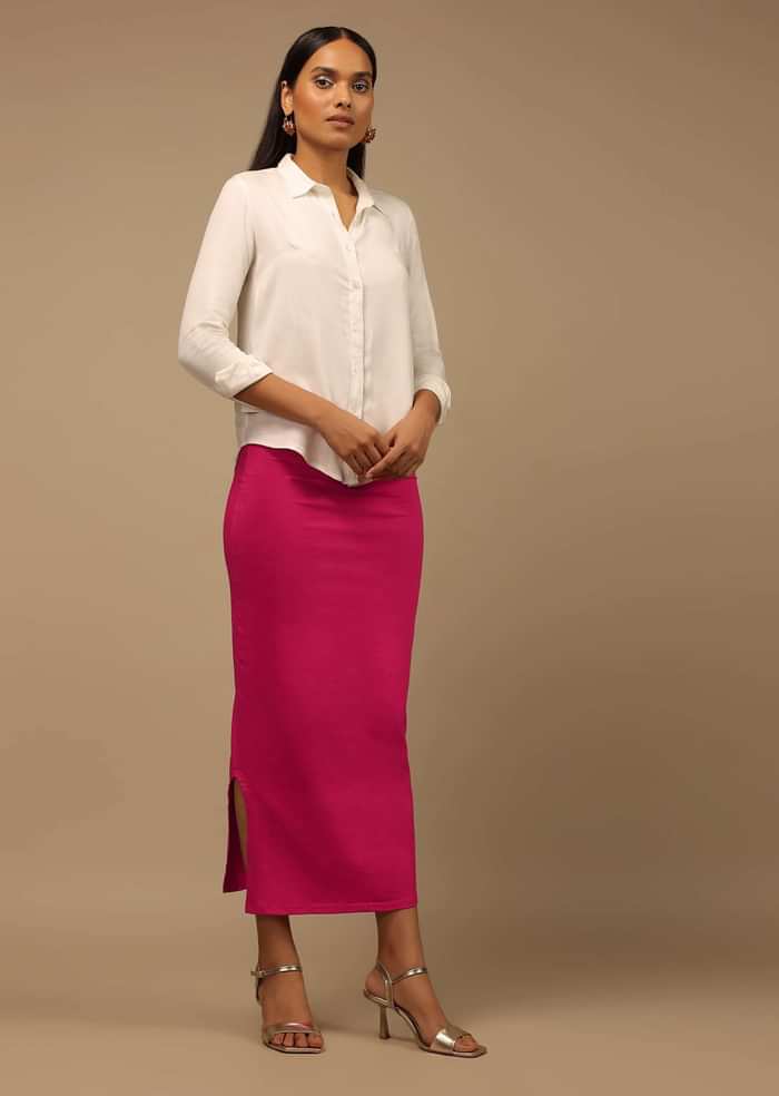 Rani Pink Shapewear Saree Petticoat In Cotton Lycra With Elastic Waistband And Slit