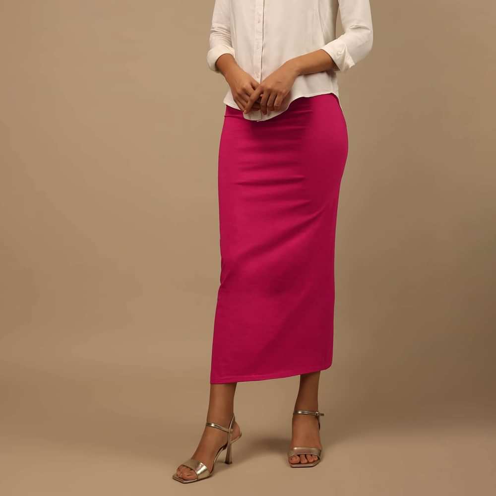 Rani Pink Shapewear Saree Petticoat In Cotton Lycra With Elastic Waistband And Slit