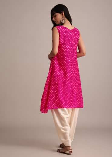 Rani Pink Silk Bandhani Print Kurta Dhoti Set