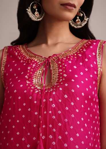 Rani Pink Silk Bandhani Print Kurta Dhoti Set