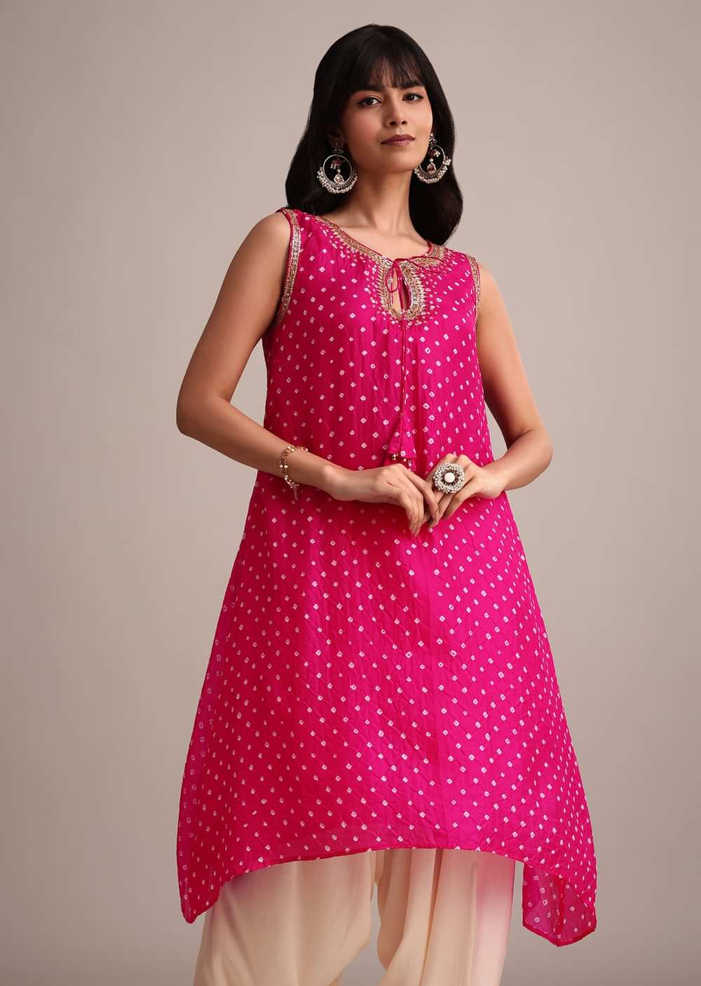 Rani Pink Silk Bandhani Print Kurta Dhoti Set