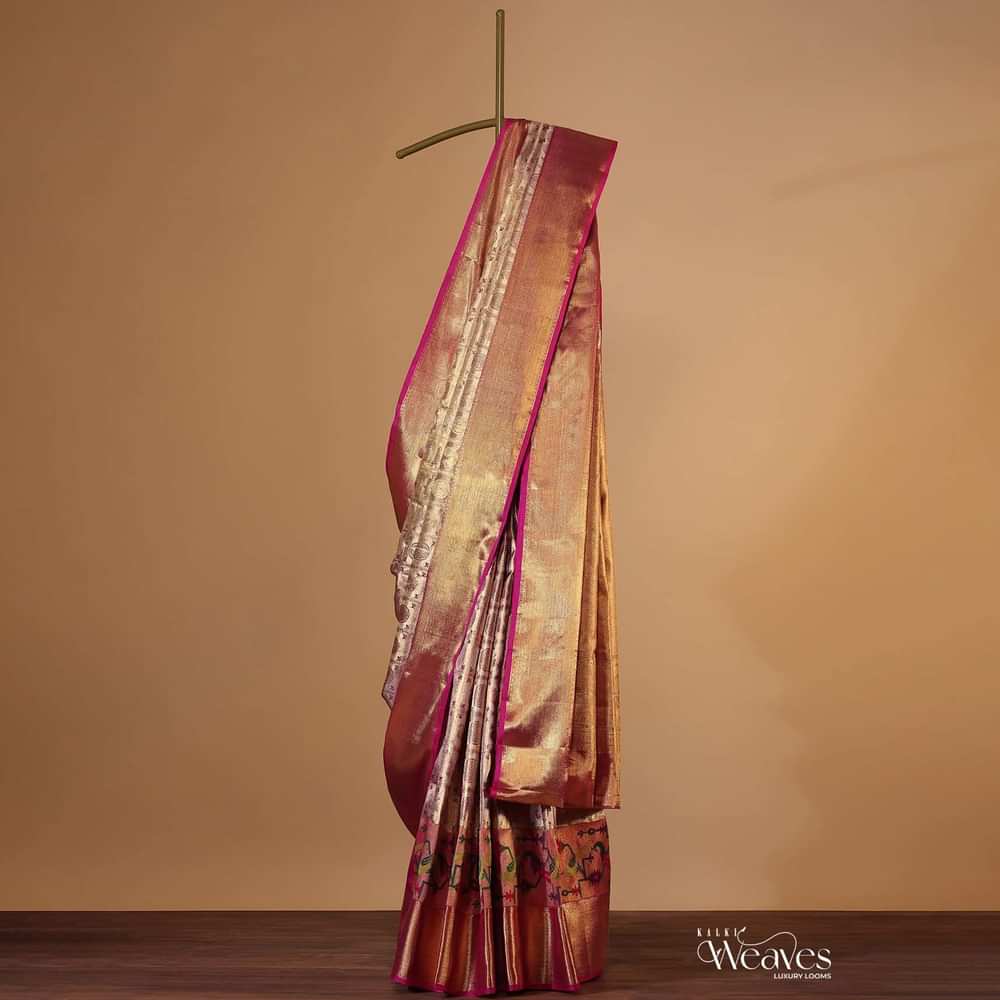 Azalea Pink Kanjivaram Saree In Tissue Silk With Real Gold 14gm Zari Weave And Unstitched Blouse
