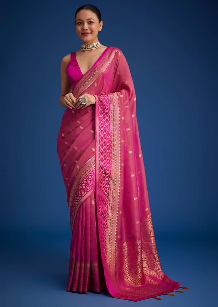 Rani Pink Tissue Silk Saree With Butti Work