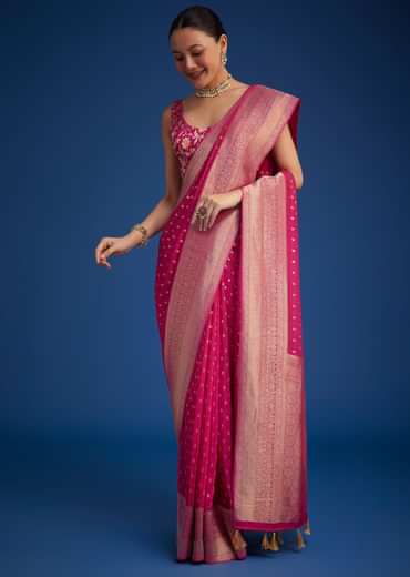 Rani Pink Tissue Silk Saree With Zari Border And Butti Work