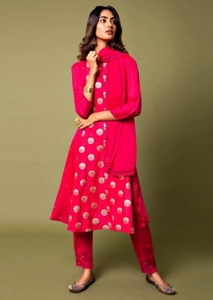 Raspberry Red A Line Suit With Hand Woven Banarasi On The Centre Kali And Cheeta Embroidery