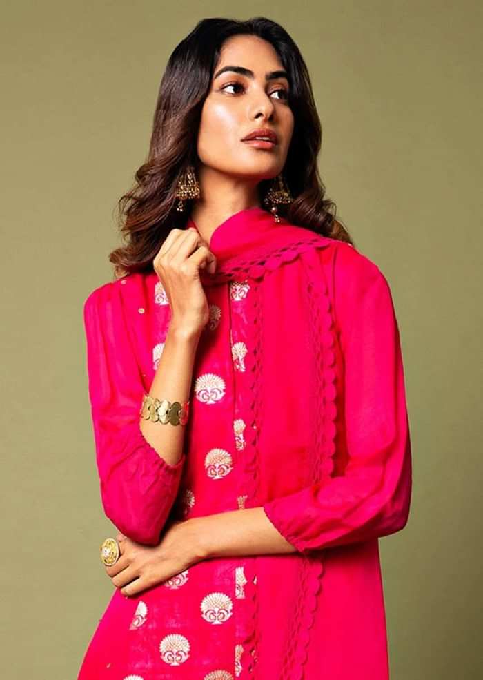 Raspberry Red A Line Suit With Hand Woven Banarasi On The Centre Kali And Cheeta Embroidery