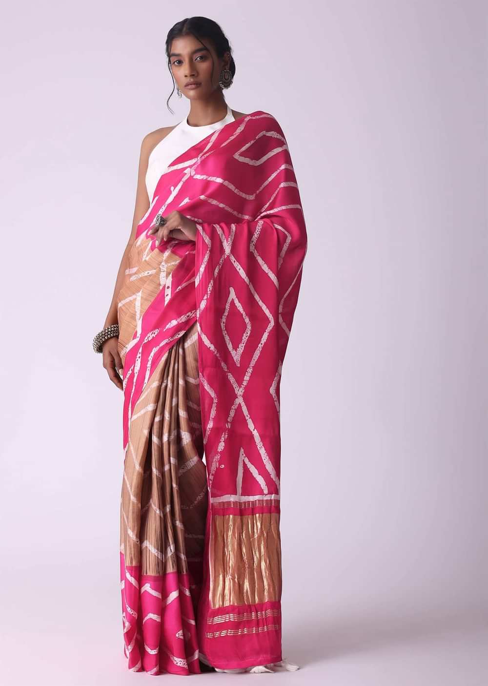 Raspberry Sorbet Pink Geometric Print Satin Saree