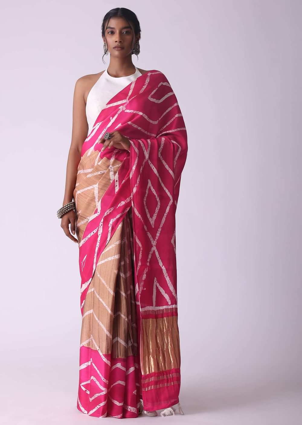 Raspberry Sorbet Pink Geometric Print Satin Saree