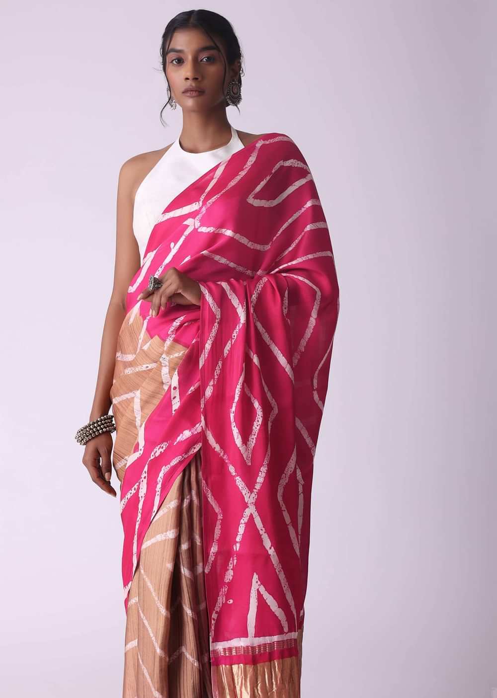 Raspberry Sorbet Pink Geometric Print Satin Saree