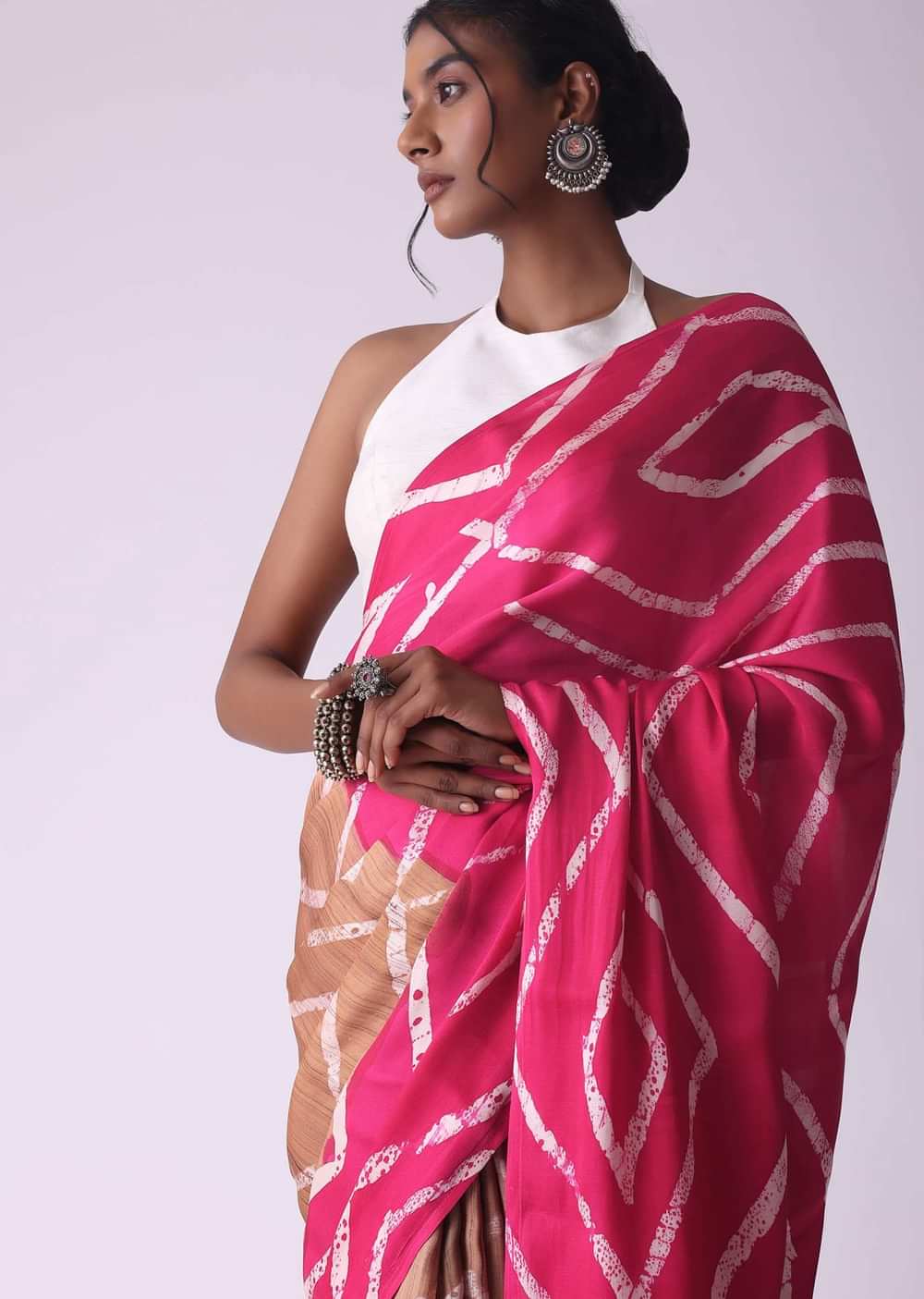 Raspberry Sorbet Pink Geometric Print Satin Saree