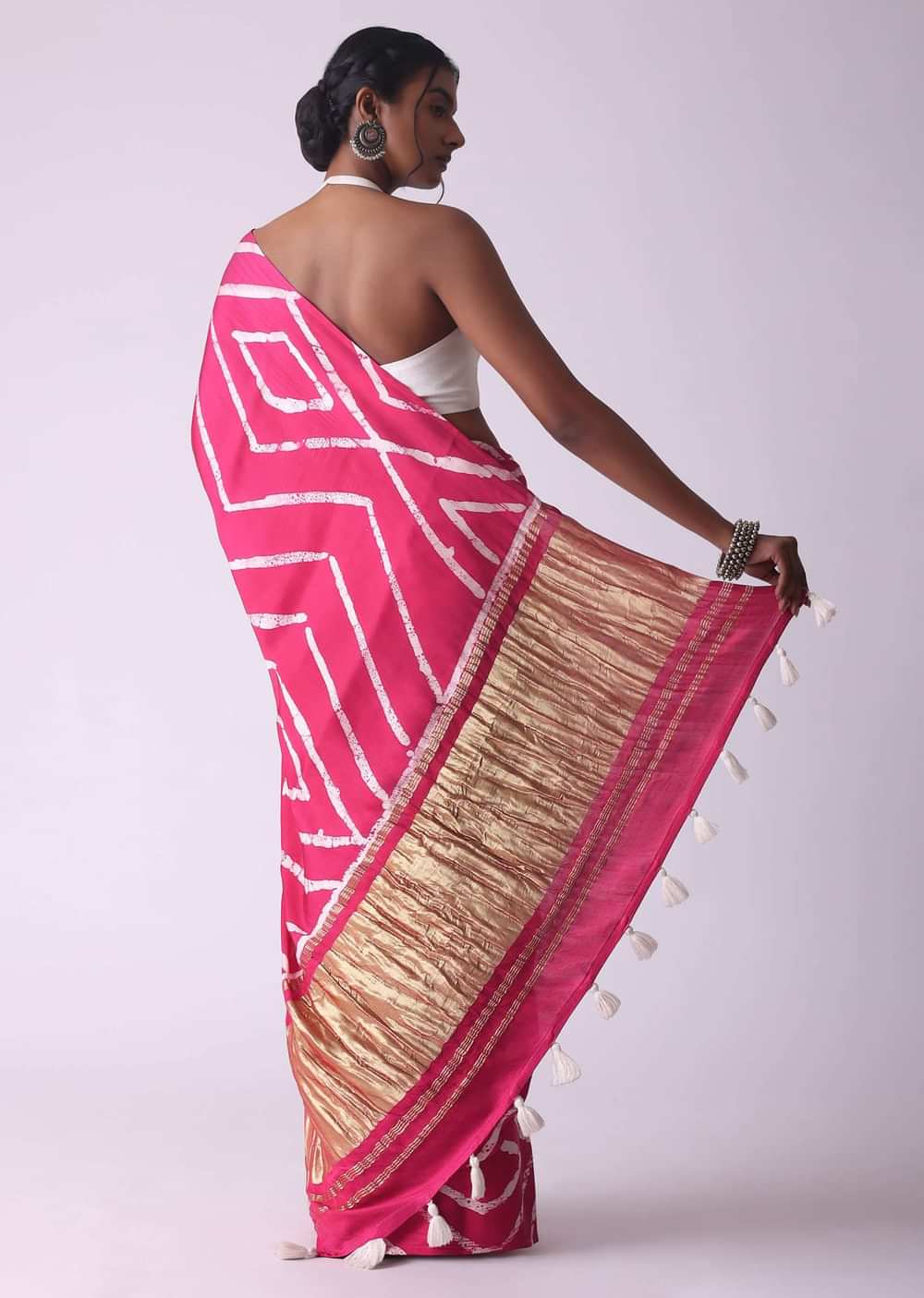 Raspberry Sorbet Pink Geometric Print Satin Saree