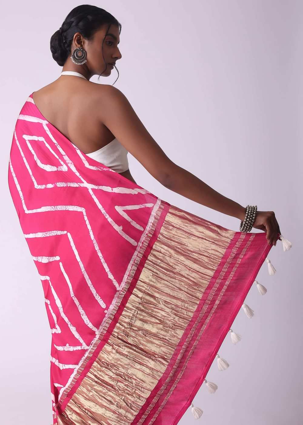 Raspberry Sorbet Pink Geometric Print Satin Saree