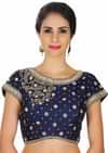 Raw silk blouse in navy blue with mirror embroidery only on Kalki