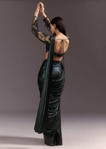 Ready Pleated Saree With V Neck Blouse And Cutdana Work
