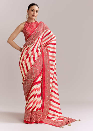 Red And Off White Silk Saree With Lehariya And Bandhani Print