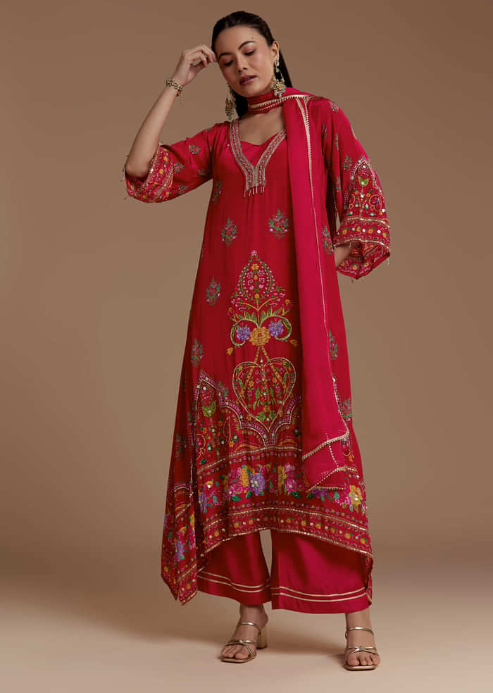 Red Asymmetric Floral Print Kurta Set