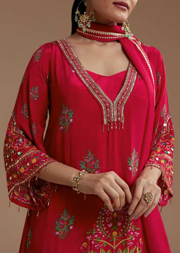 Red Asymmetric Floral Print Kurta Set