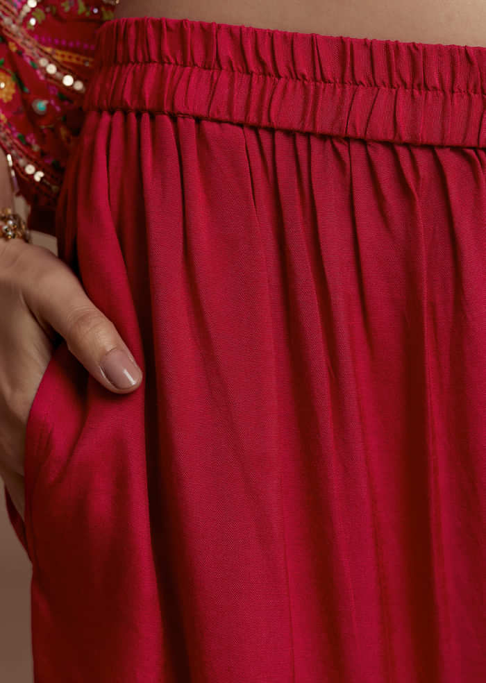 Red Asymmetric Floral Print Kurta Set