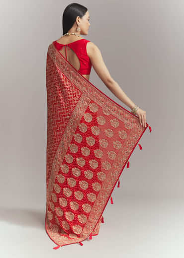 Red Banarasi Georgette Embroidered Saree With Heavy Hand Embroidery