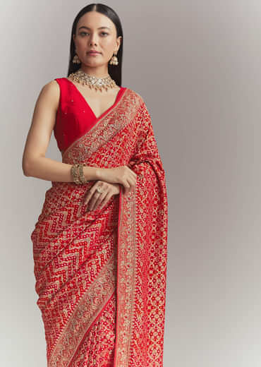 Red Banarasi Georgette Embroidered Saree With Heavy Hand Embroidery