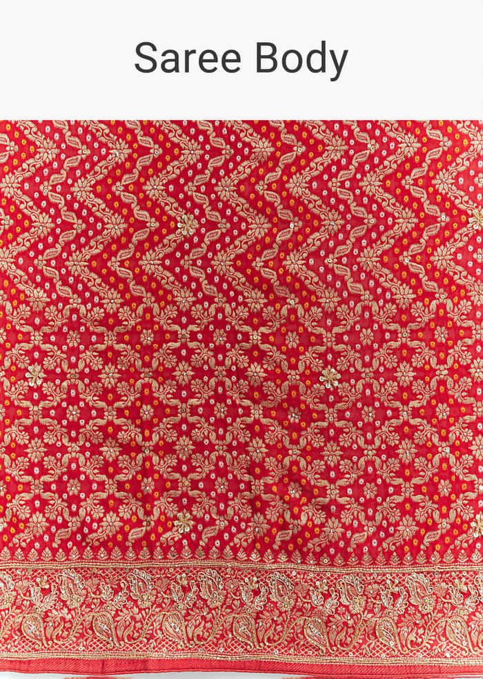 Red Banarasi Georgette Embroidered Saree With Heavy Hand Embroidery