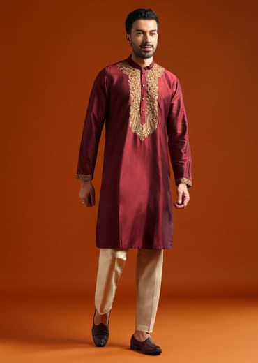 Red Banarasi Silk Kurta Set For Men With Heavy Hand Embroidery