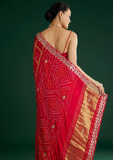 Red Bandhani Saree With Gota Work