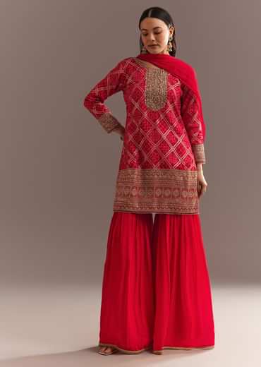 Red Bandhani Zari Kurta And Jacquard Sharara With Chiffon Dupatta