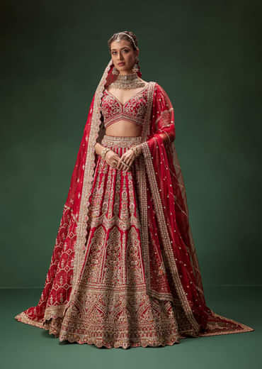 Red Bridal Lehenga With Intricate Hand Embroidery And Double Dupatta Drape