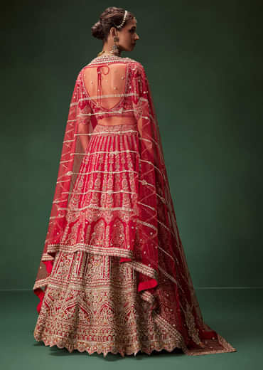 Red Bridal Lehenga With Intricate Hand Embroidery And Double Dupatta Drape