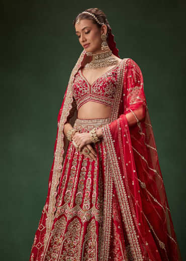 Red Bridal Lehenga With Intricate Hand Embroidery And Double Dupatta Drape